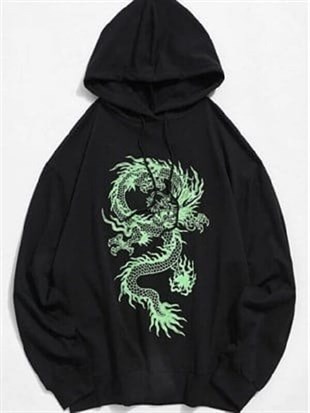 Anime Harajuku Oversize Unisex Yeşil Dragon